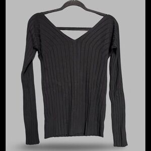 Theory Women's V-Neck Long Sleeves Wide Ribbed Prosecco Sweater Black Large